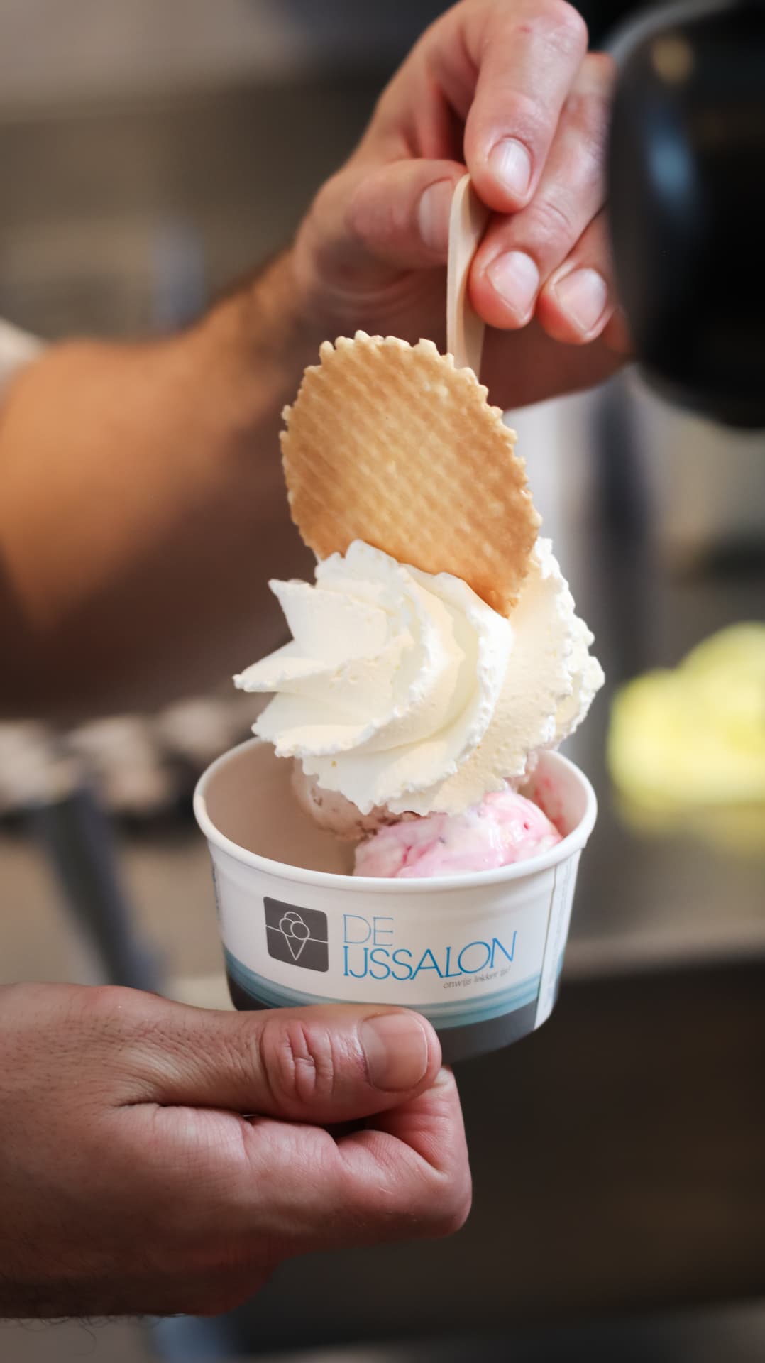 Bakje De IJssalon met room, aardbei en een wafel